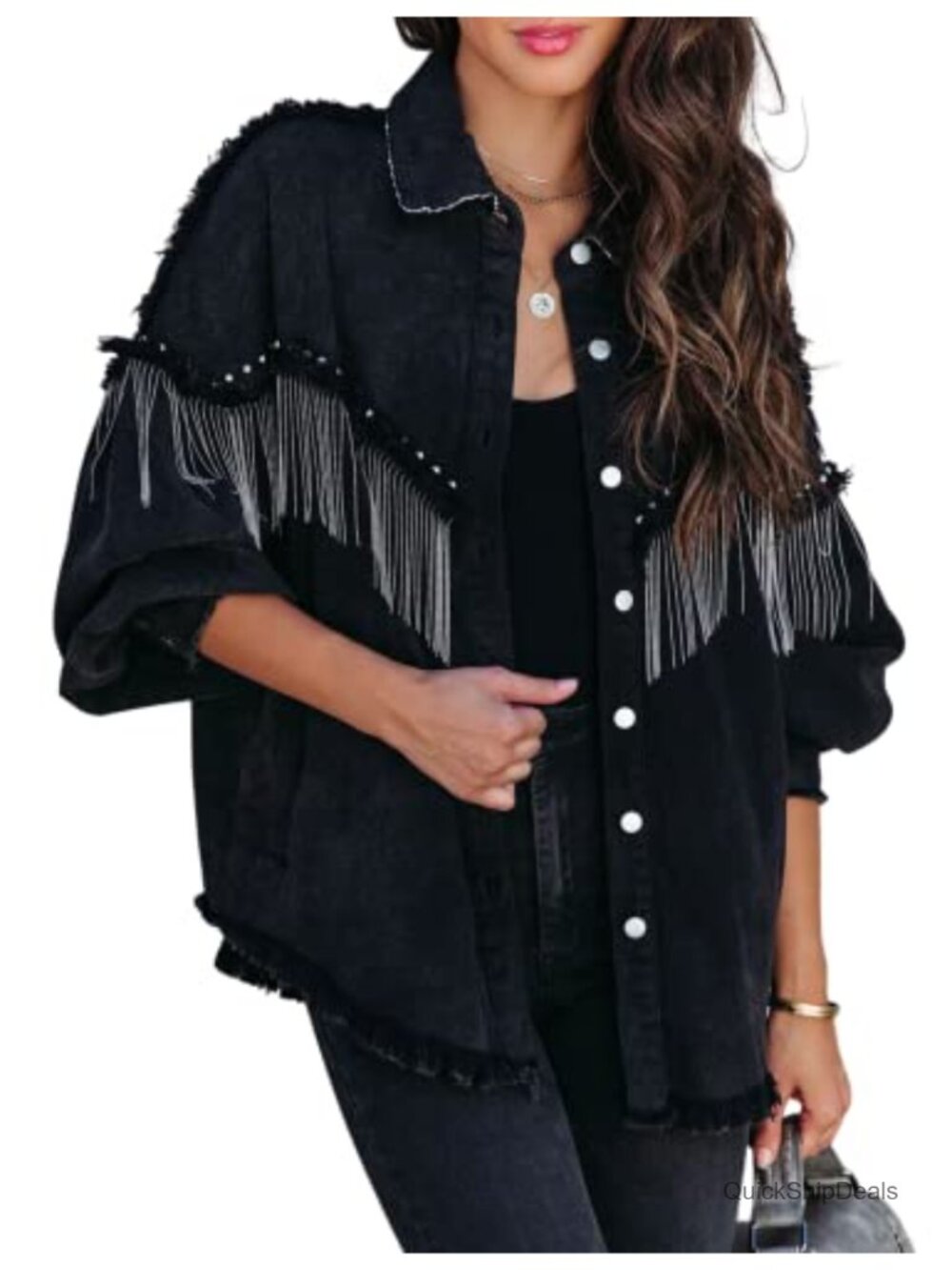 Oversized Fringe Denim Jacket Sparkly Tassel Western Coat Women